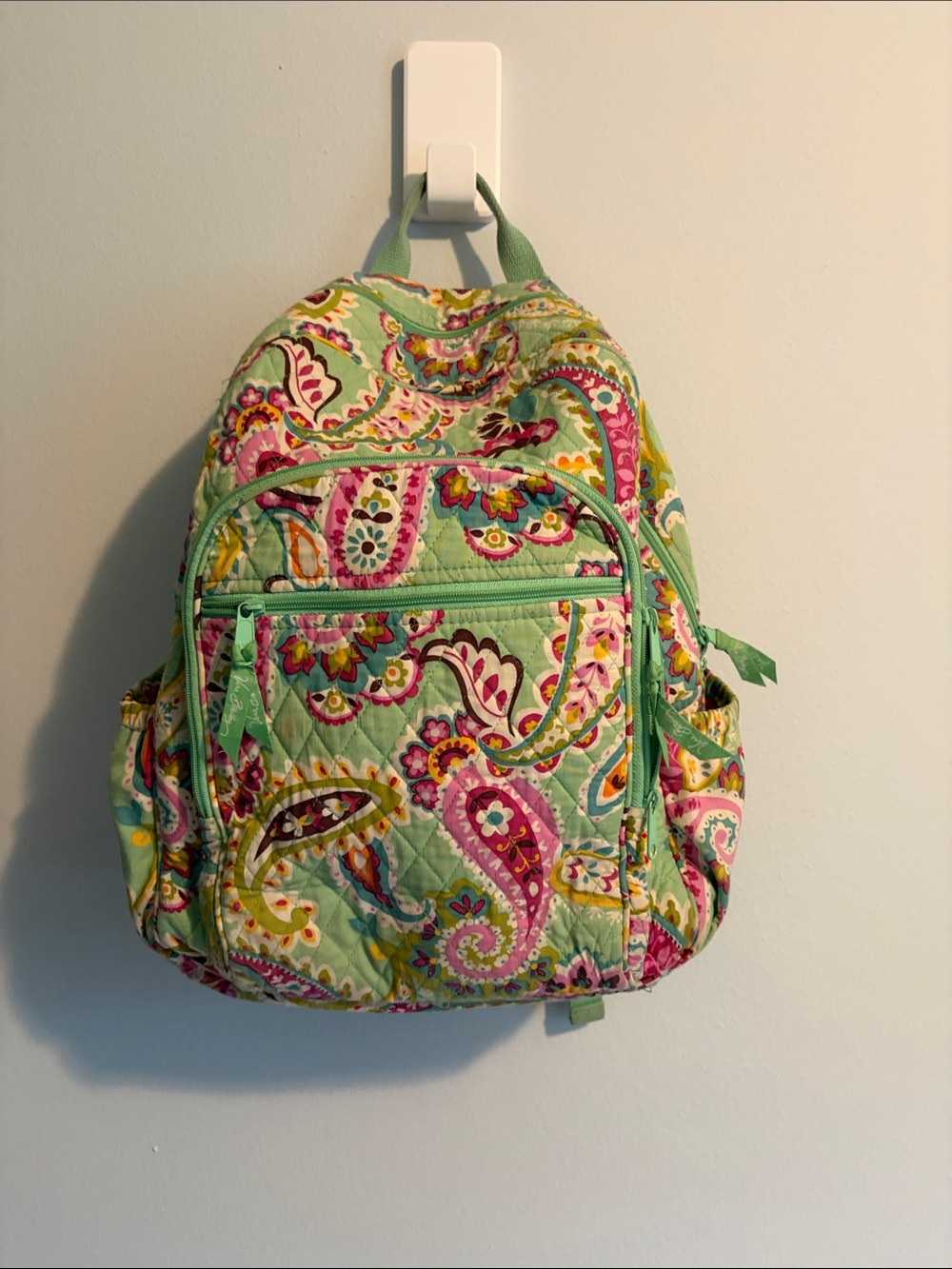 Vera Bradley Mint Green Paisley Quilted Backpack with Pink & Yellow Accents